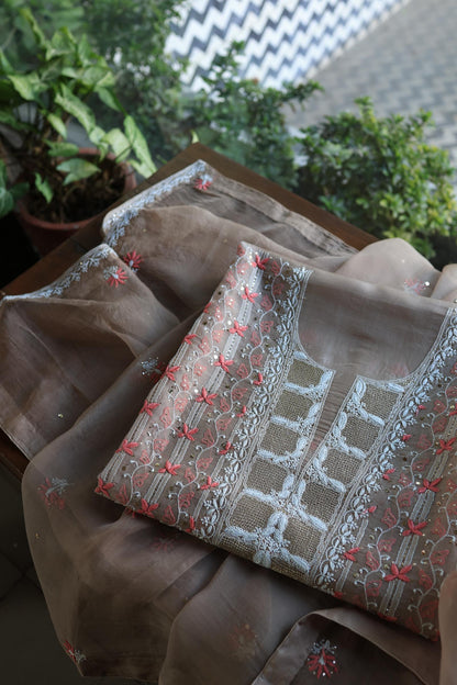 Smokey Beige Noor Organza Silk Chikankari With Kamdani Fabric