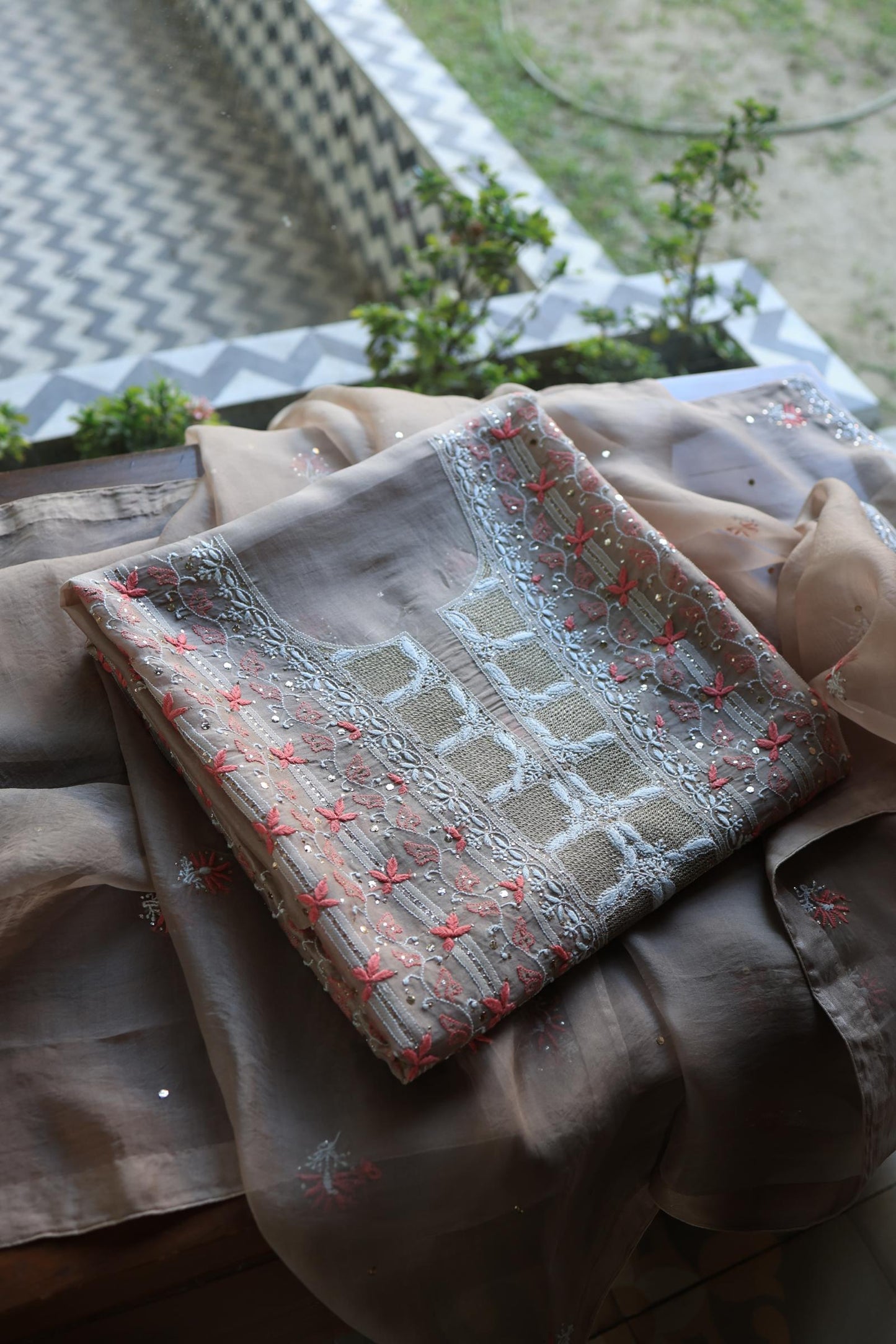 Smokey Beige Noor Organza Silk Chikankari With Kamdani Fabric