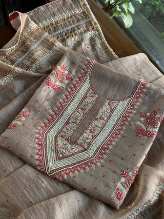 Smokey Grey Shade Tissue Kota Chikankari Unstitched Fabric