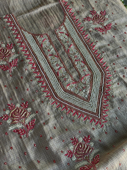 Smokey Grey Shade Tissue Kota Chikankari Unstitched Fabric