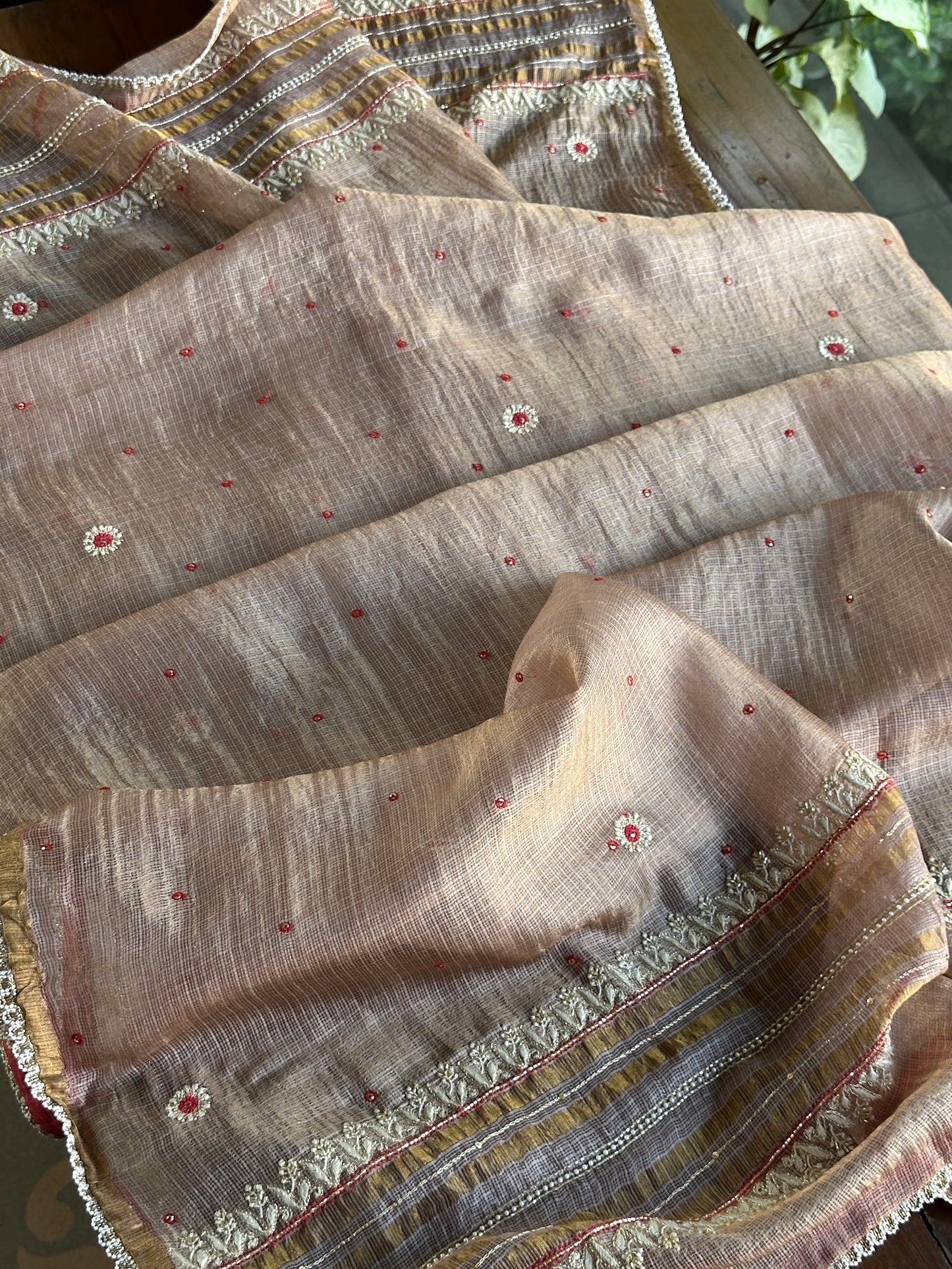 Smokey Grey Shade Tissue Kota Chikankari Unstitched Fabric