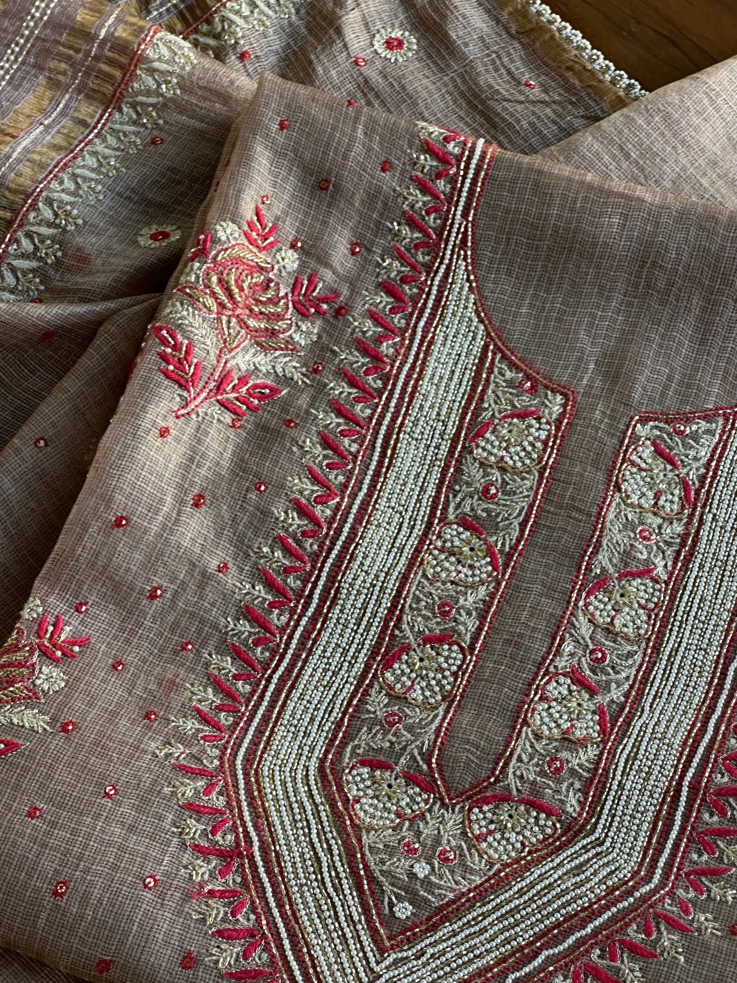 Smokey Grey Shade Tissue Kota Chikankari Unstitched Fabric