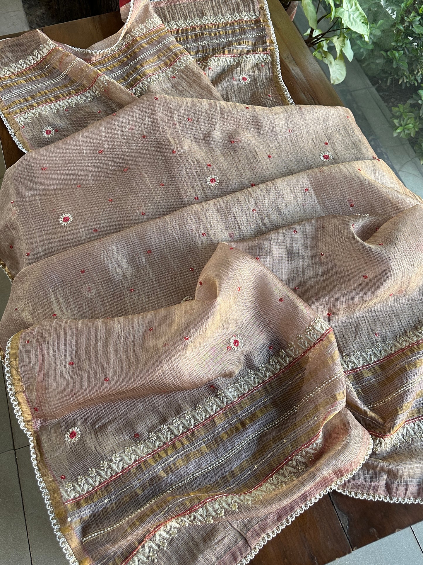 Smokey Grey Shade Tissue Kota Chikankari Unstitched Fabric
