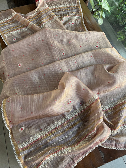 Smokey Grey Shade Tissue Kota Chikankari Unstitched Fabric