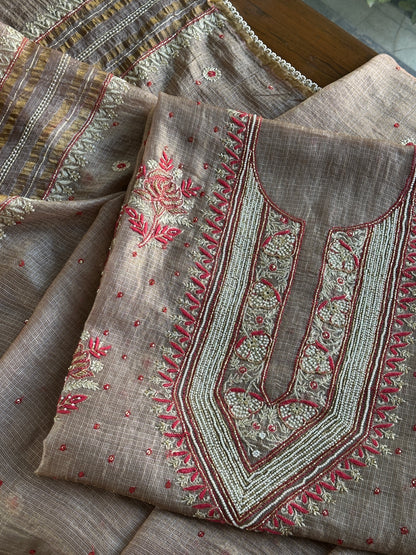 Smokey Grey Shade Tissue Kota Chikankari Unstitched Fabric
