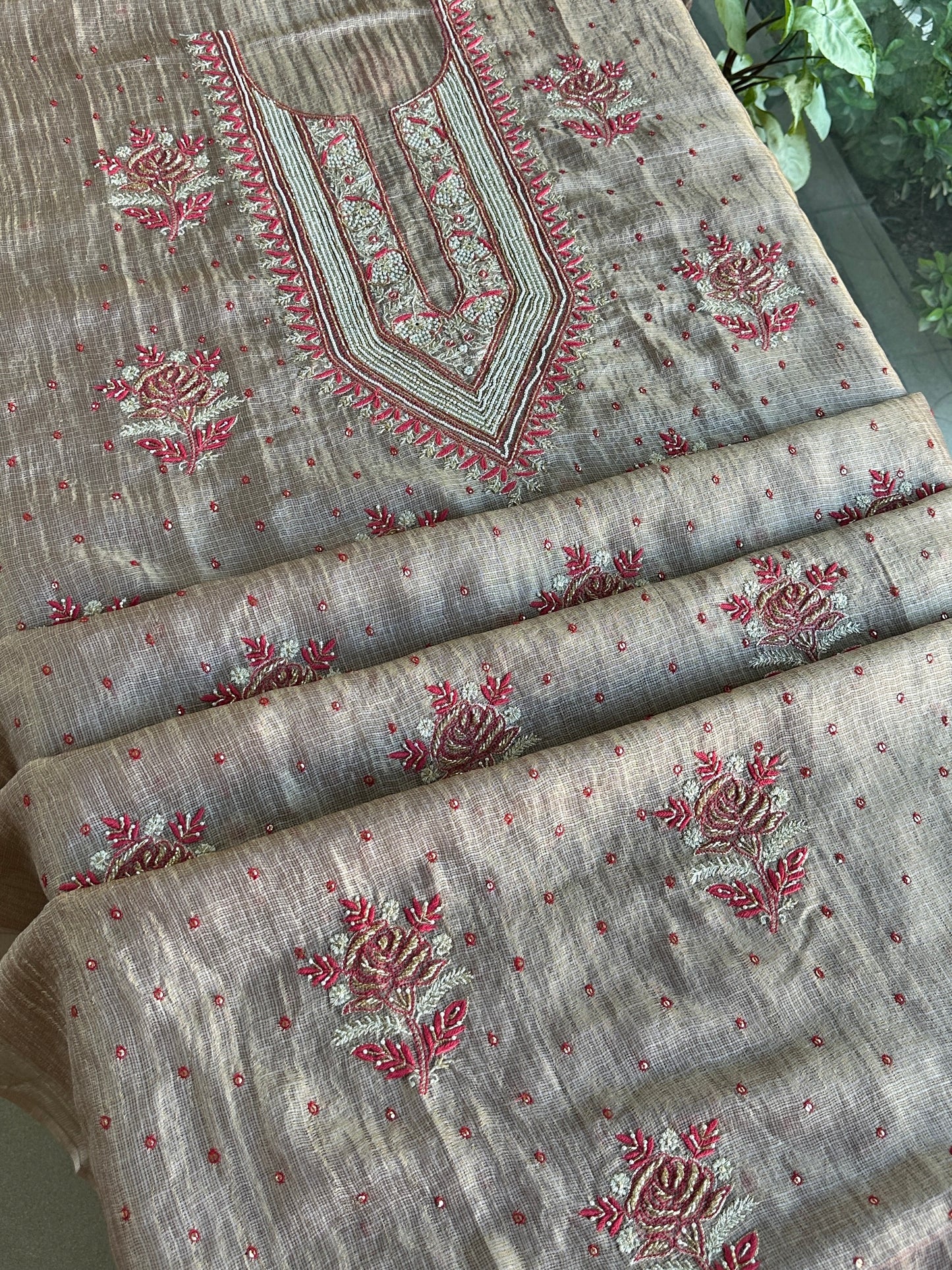 Smokey Grey Shade Tissue Kota Chikankari Unstitched Fabric