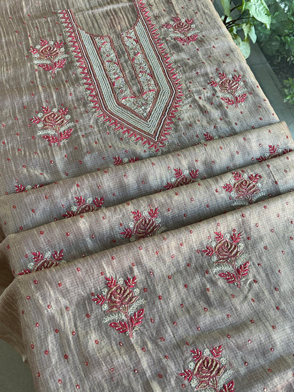 Smokey Grey Shade Tissue Kota Chikankari Unstitched Fabric