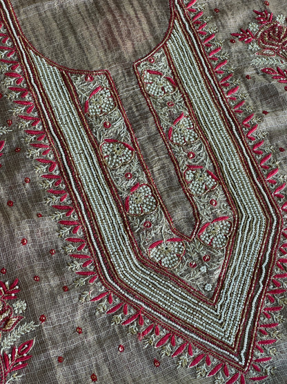 Smokey Grey Shade Tissue Kota Chikankari Unstitched Fabric