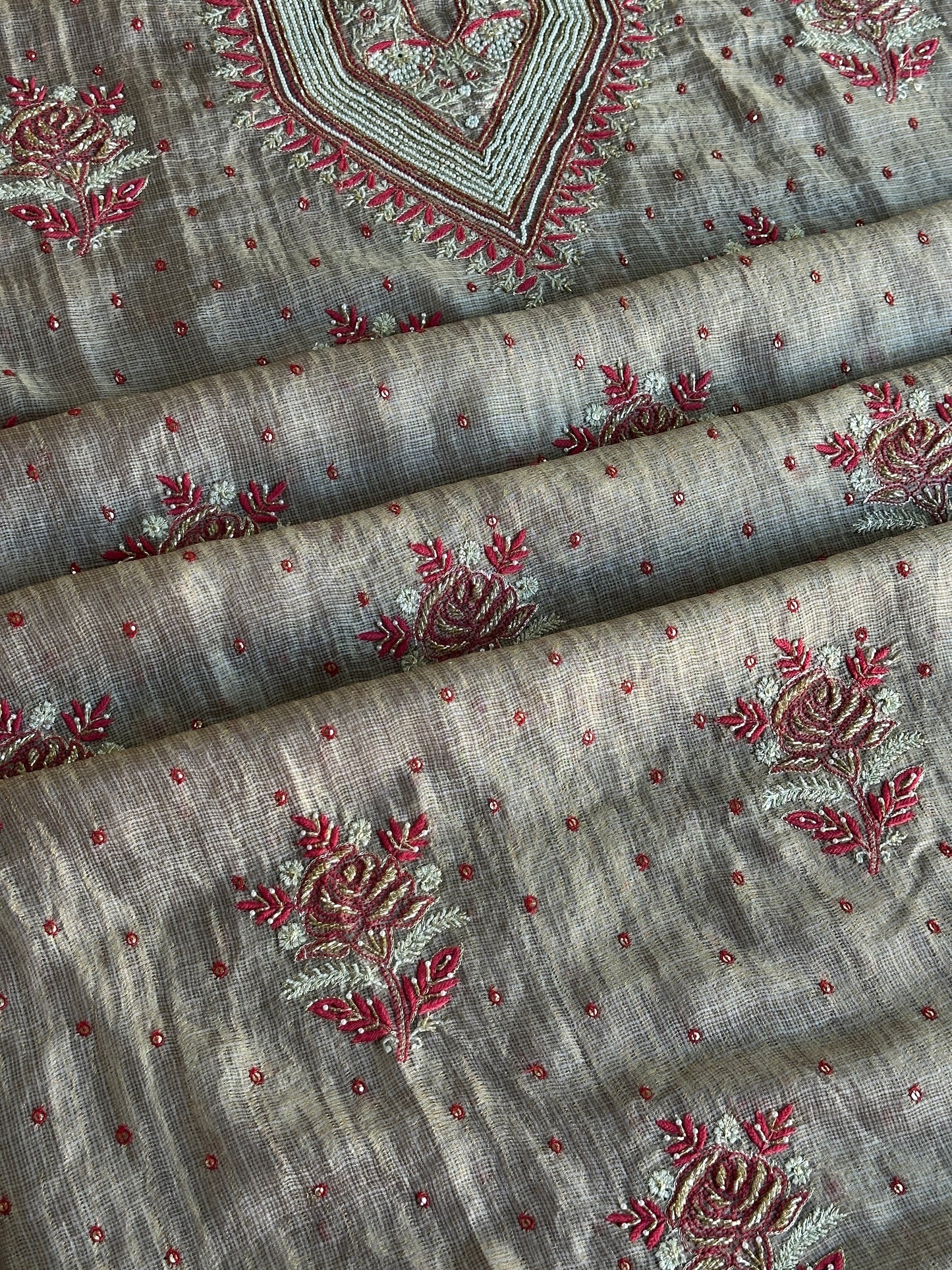 Smokey Grey Shade Tissue Kota Chikankari Unstitched Fabric