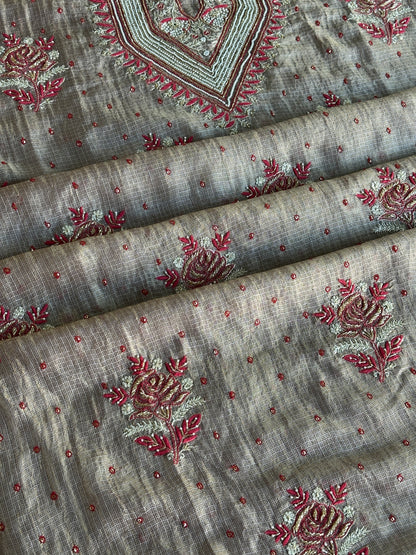 Smokey Grey Shade Tissue Kota Chikankari Unstitched Fabric