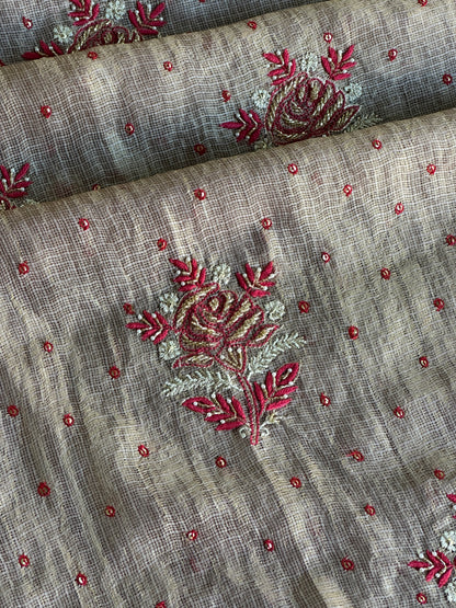 Smokey Grey Shade Tissue Kota Chikankari Unstitched Fabric