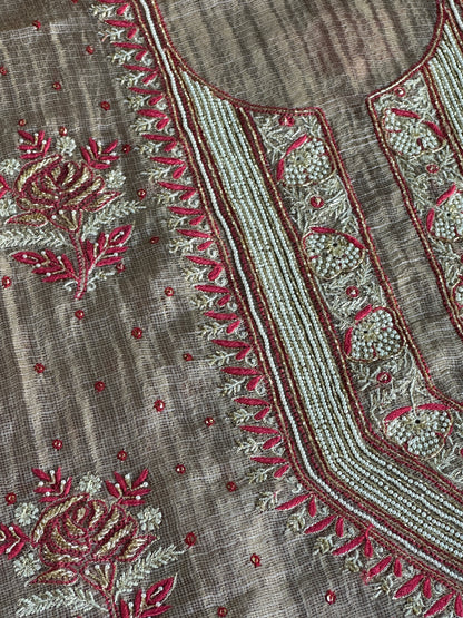 Smokey Grey Shade Tissue Kota Chikankari Unstitched Fabric