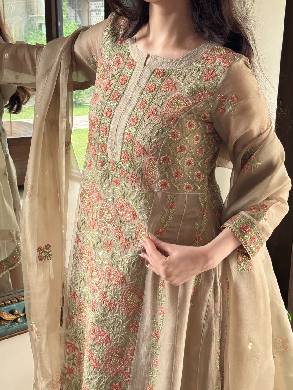 Noor Beige Multi Colour Chikankari Anarkali
