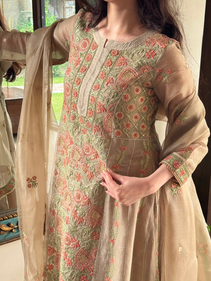 Noor Beige Multi Colour Chikankari Anarkali