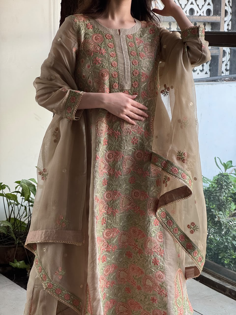 Noor Beige Multi Colour Chikankari Anarkali