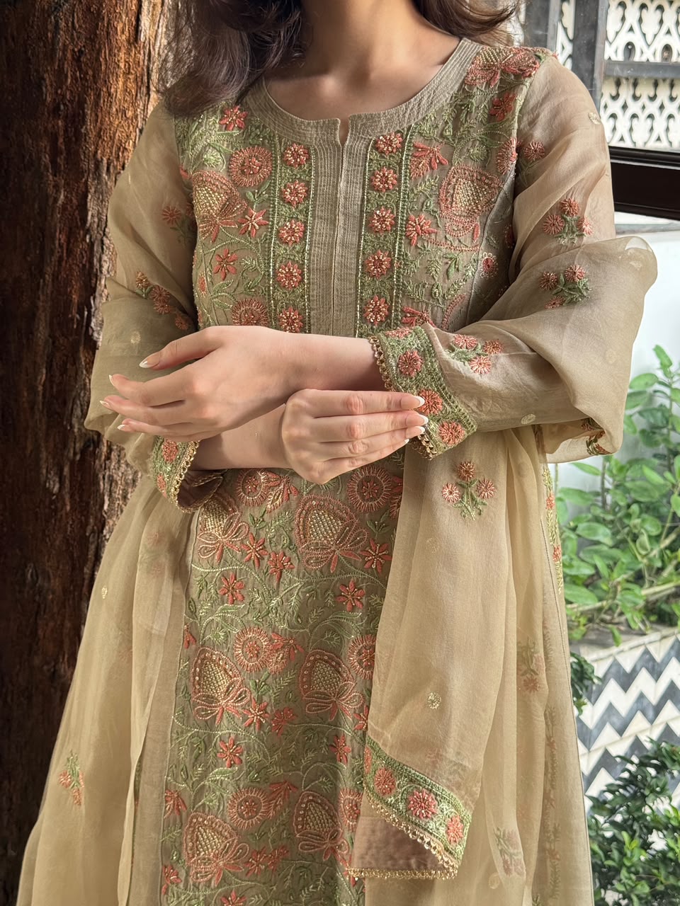 Noor Beige Multi Colour Chikankari Anarkali