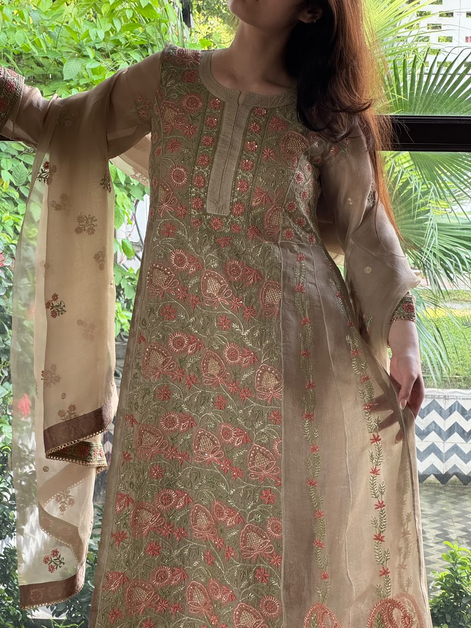 Noor Beige Multi Colour Chikankari Anarkali