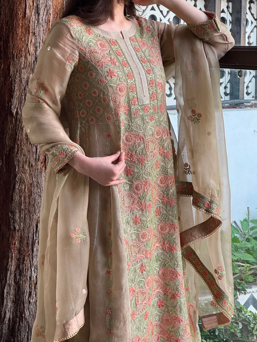 Noor Beige Multi Colour Chikankari Anarkali