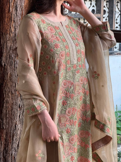 Noor Beige Multi Colour Chikankari Anarkali
