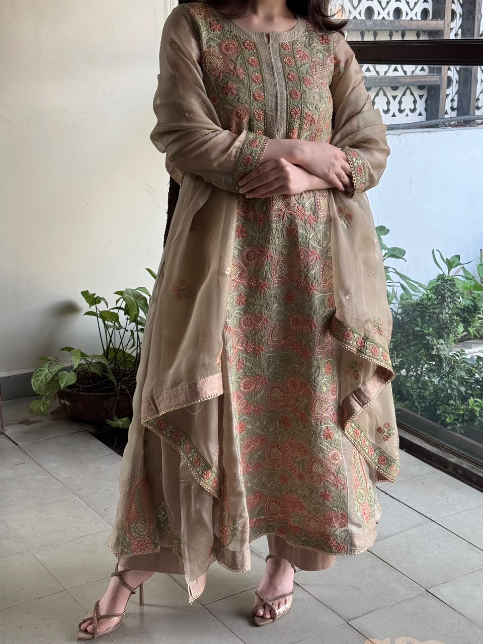 Noor Beige Multi Colour Chikankari Anarkali