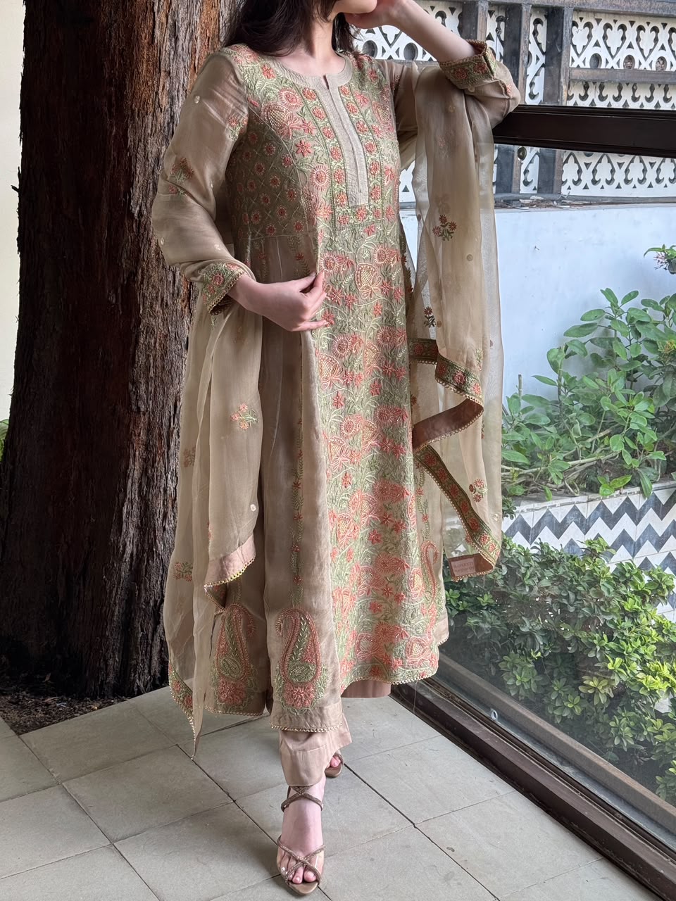 Noor Beige Multi Colour Chikankari Anarkali