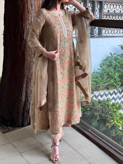 Noor Beige Multi Colour Chikankari Anarkali