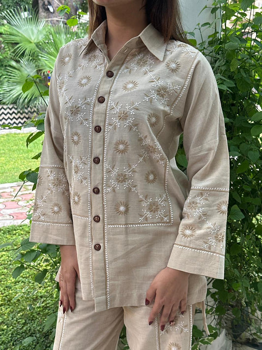 Soft Beige Malkha Cotton Chikankari Co-ord Set