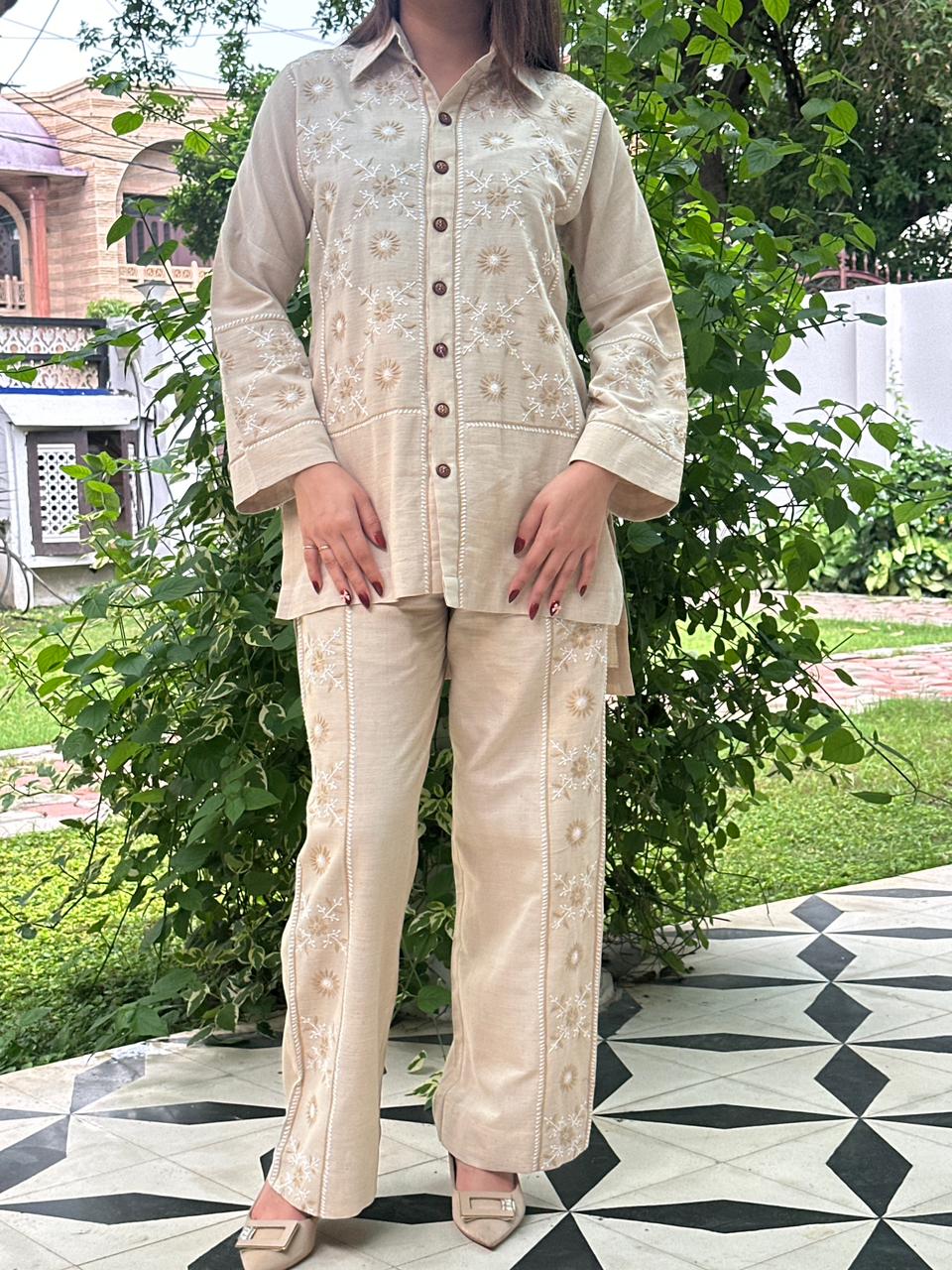 Soft Beige Malkha Cotton Chikankari Co-ord Set
