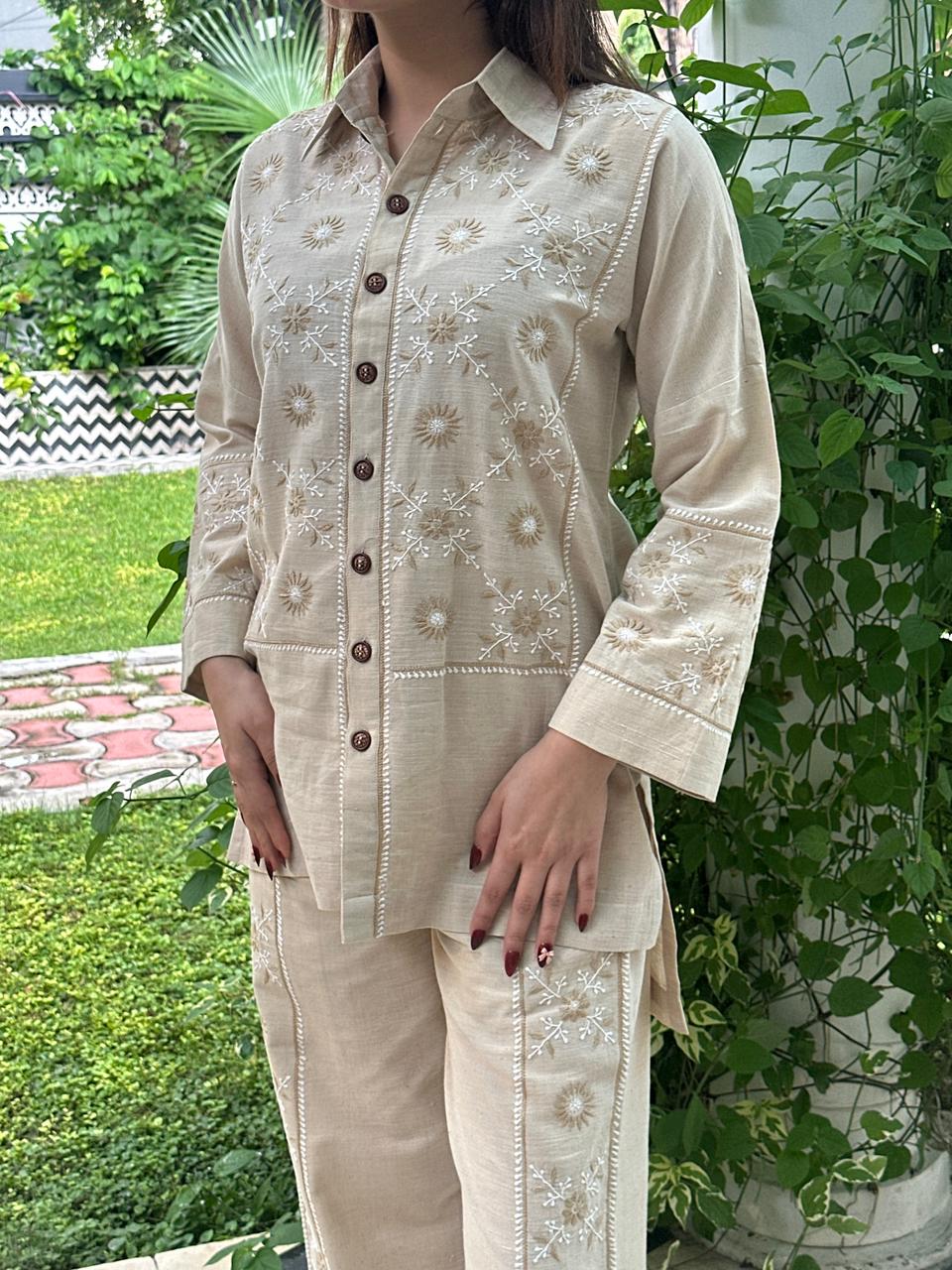 Soft Beige Malkha Cotton Chikankari Co-ord Set