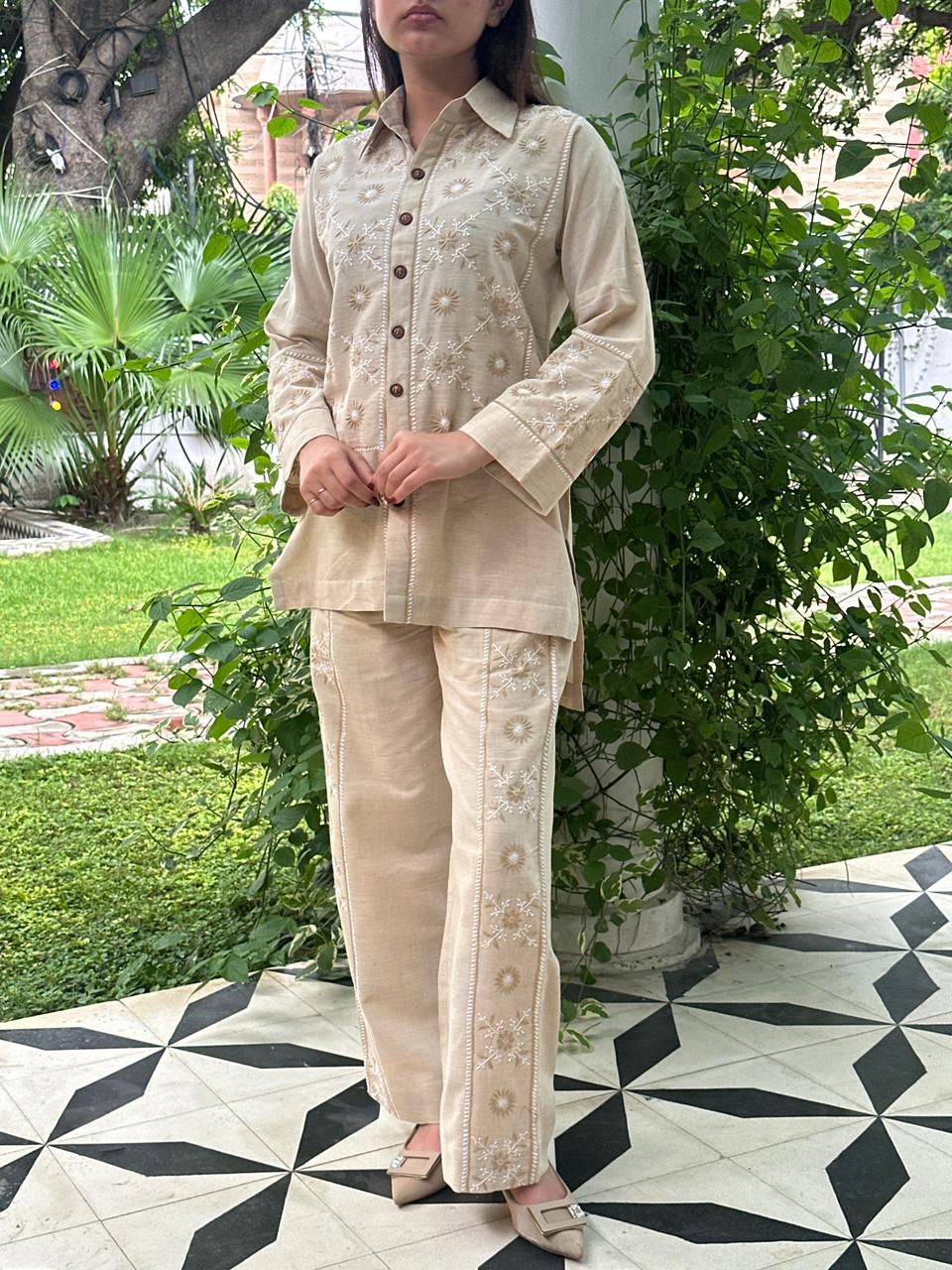 Soft Beige Malkha Cotton Chikankari Co-ord Set