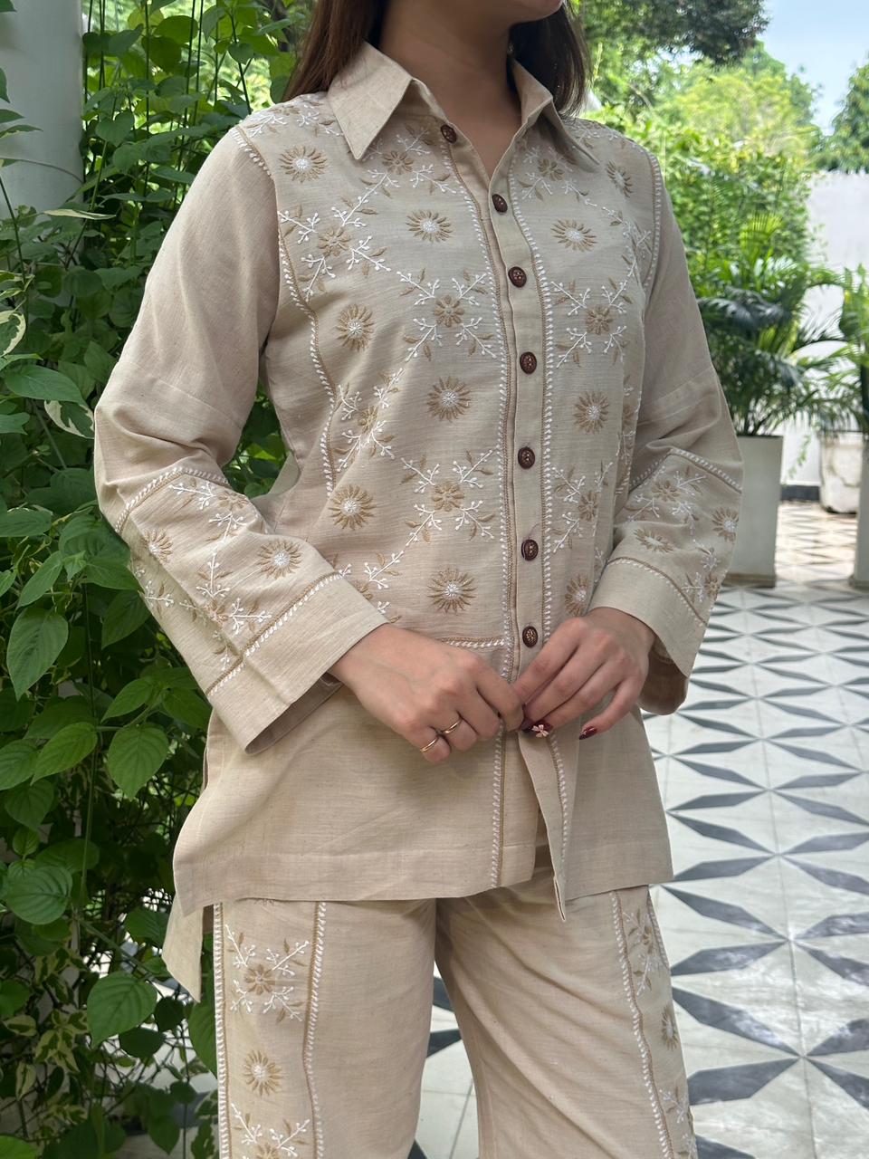 Soft Beige Malkha Cotton Chikankari Co-ord Set