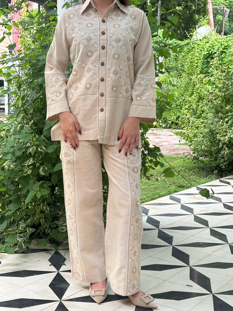 Soft Beige Malkha Cotton Chikankari Co-ord Set