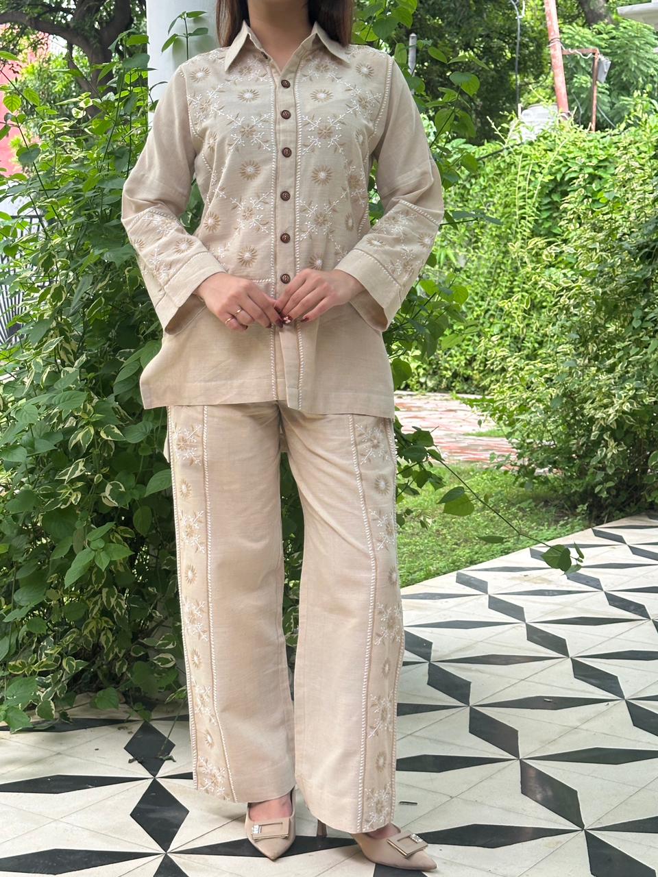 Soft Beige Malkha Cotton Chikankari Co-ord Set