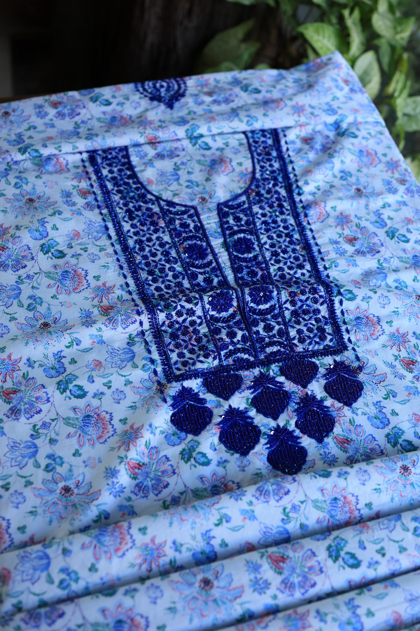 Soft Blue Floral Cotton Kurta Fabric with Chikankari & Sequin Work