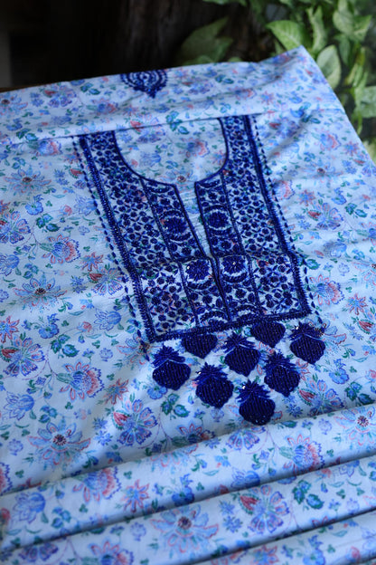Soft Blue Floral Cotton Kurta Fabric with Chikankari & Sequin Work