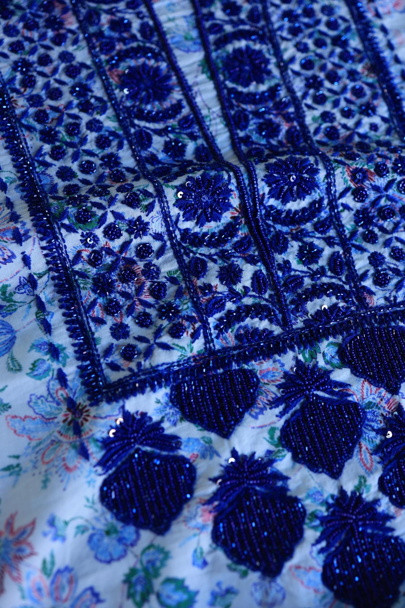Soft Blue Floral Cotton Kurta Fabric with Chikankari & Sequin Work