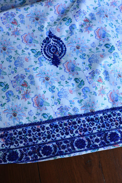 Soft Blue Floral Cotton Kurta Fabric with Chikankari & Sequin Work