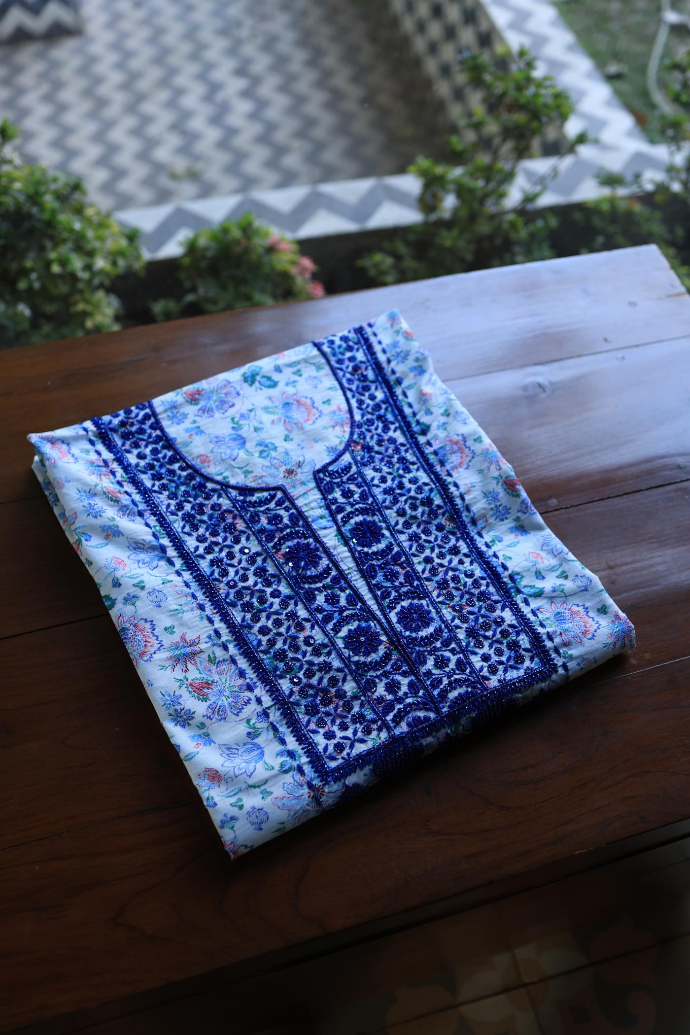 Soft Blue Floral Cotton Kurta Fabric with Chikankari & Sequin Work