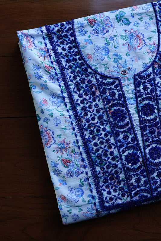 Soft Blue Floral Cotton Kurta Fabric with Chikankari & Sequin Work