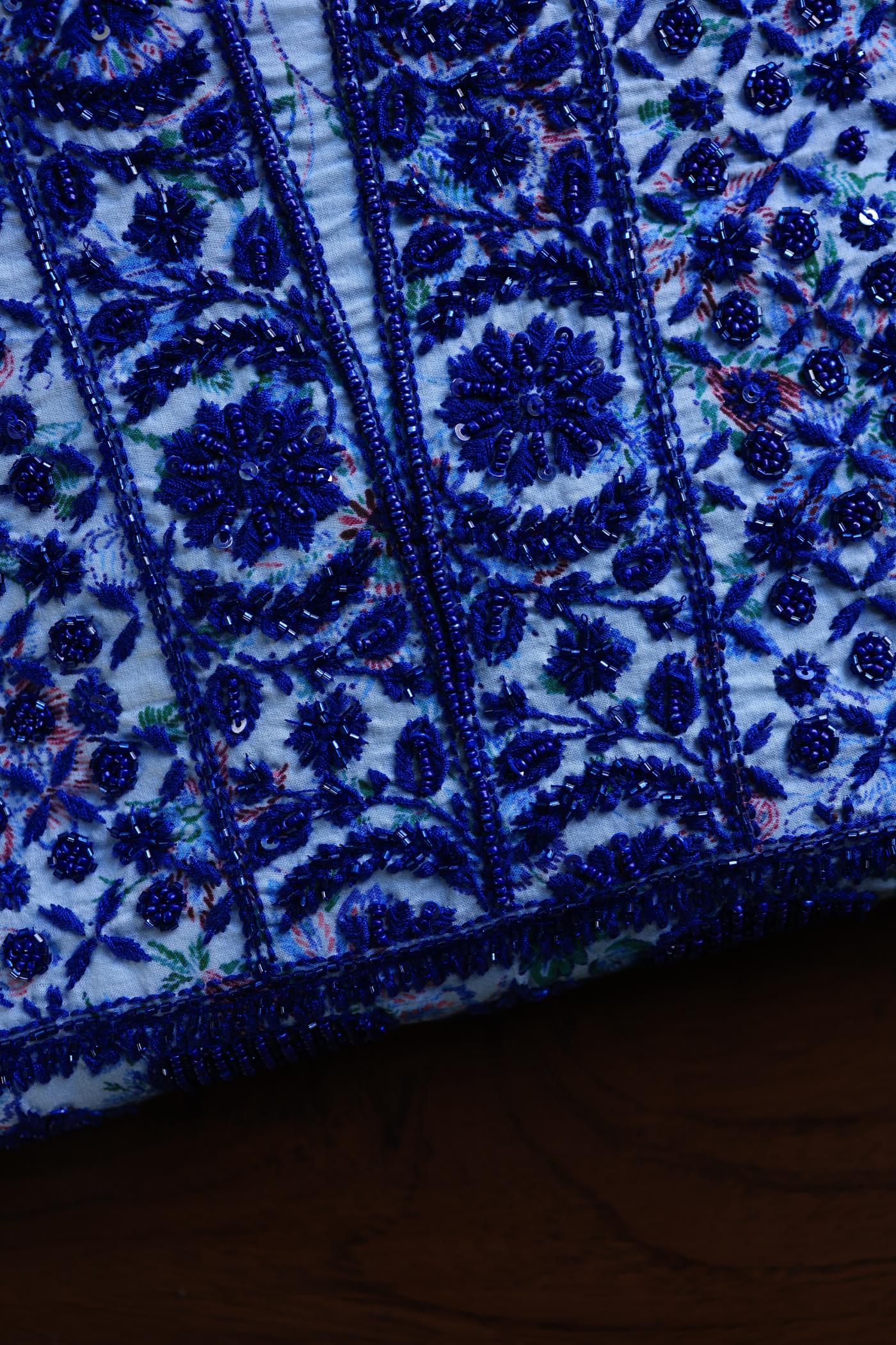 Soft Blue Floral Cotton Kurta Fabric with Chikankari & Sequin Work
