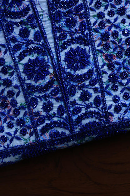 Soft Blue Floral Cotton Kurta Fabric with Chikankari & Sequin Work