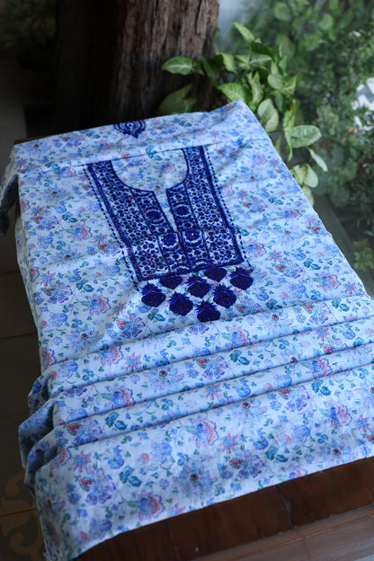 Soft Blue Floral Cotton Kurta Fabric with Chikankari & Sequin Work