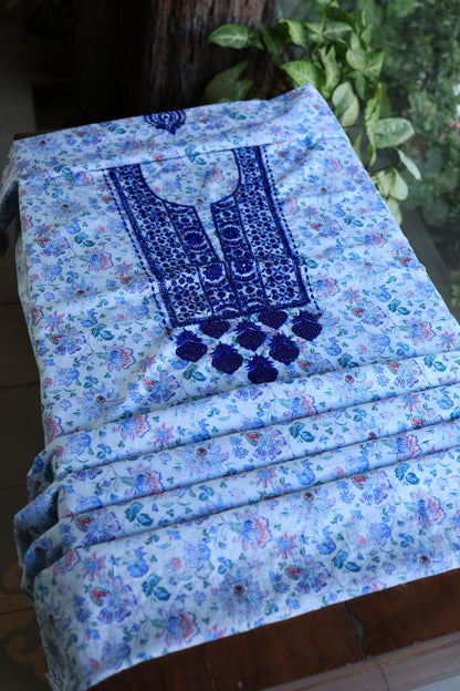 Soft Blue Floral Cotton Kurta Fabric with Chikankari & Sequin Work