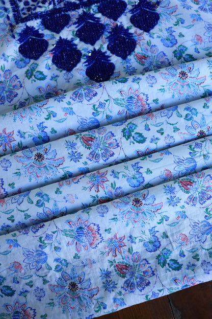 Soft Blue Floral Cotton Kurta Fabric with Chikankari & Sequin Work