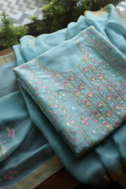 Soft Blue Silk Chikankari With Ari Work Unstitched Kurta Dupatta Set