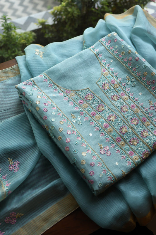 Soft Blue Silk Chikankari With Ari Work Unstitched Kurta Dupatta Set