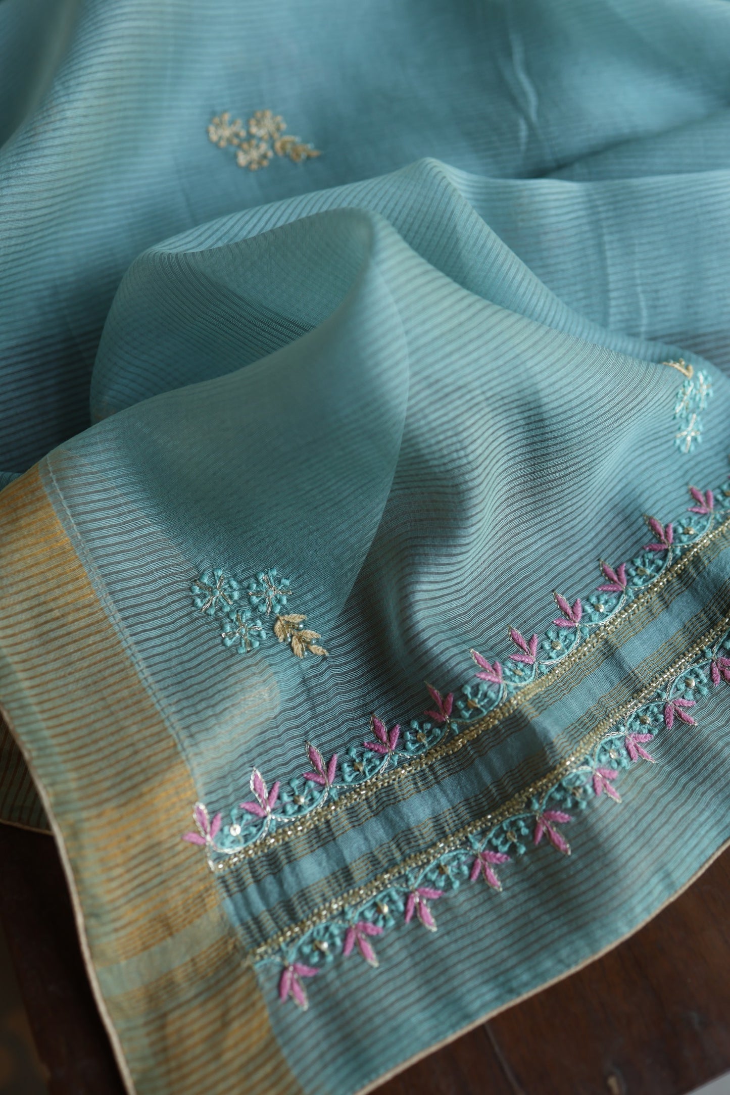 Soft Blue Silk Chikankari With Ari Work Unstitched Kurta Dupatta Set