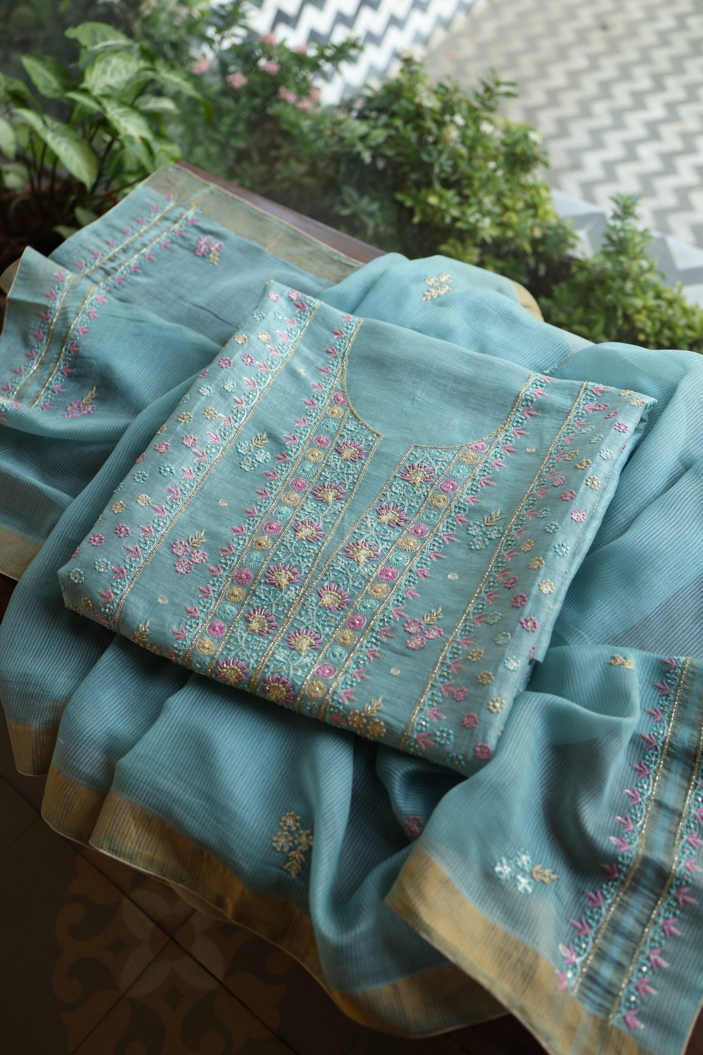 Soft Blue Silk Chikankari With Ari Work Unstitched Kurta Dupatta Set