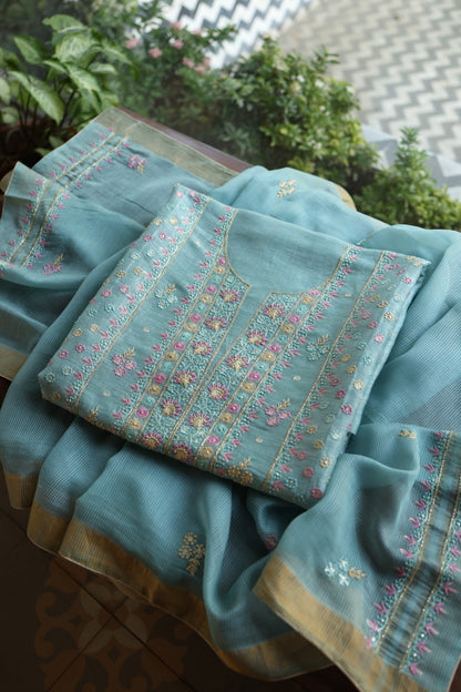 Soft Blue Silk Chikankari With Ari Work Unstitched Kurta Dupatta Set