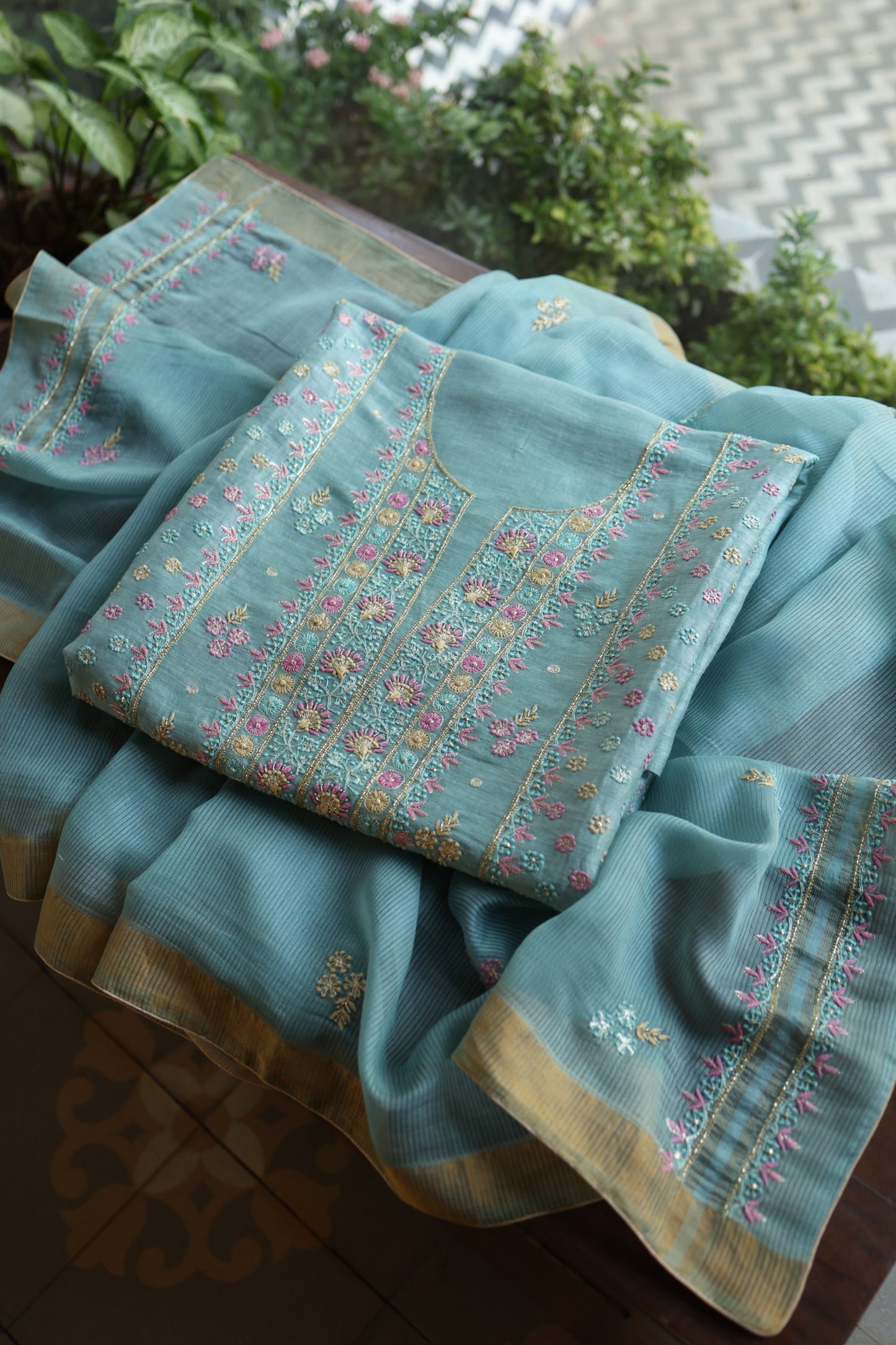 Soft Blue Silk Chikankari With Ari Work Unstitched Kurta Dupatta Set